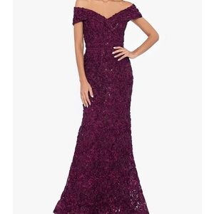 Xscape Off-Shoulder Burgundy Lace Maxi Dress Gown